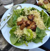 Een bord met bulgur en tofublokjes geserveerd op verse spinaziebladeren met daarnaast de broccoli-pesto.